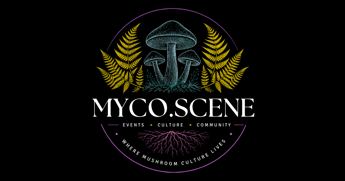 MYCO.SCENE logo — engraved mushrooms framed by golden ferns over purple mycelial roots